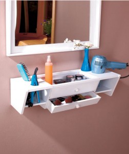 This wooden Ready-to-Go Vanity Shelf adds attractive storage and organization.