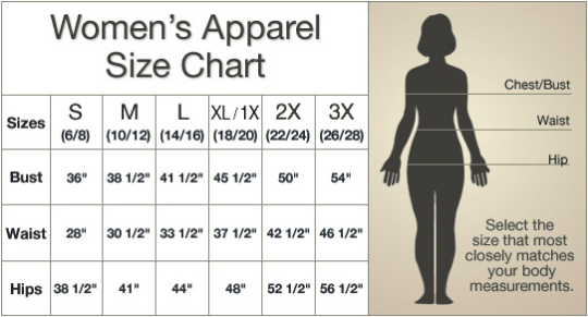 Size Chart for Women's Apparel