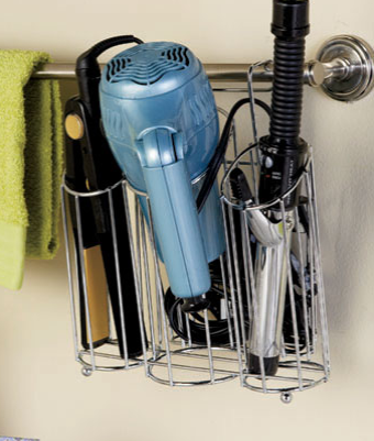This Hair Station Organizer keeps all of your styling appliances together in a compact, space-saving piece. There are 3 front compartments to hold a hair dryer, curling iron, straightener or other items. The metal organizer can be set on a counter or vanity or tucked away in a cabinet, and the back hook can be used to wrap appliance cords when not in use. Or you can use the back hook to hang the organizer from a towel rack. The unit comes with hanging hardware so you can also hang it on a wall. 10" x 9-1/8" x 6-1/4". 