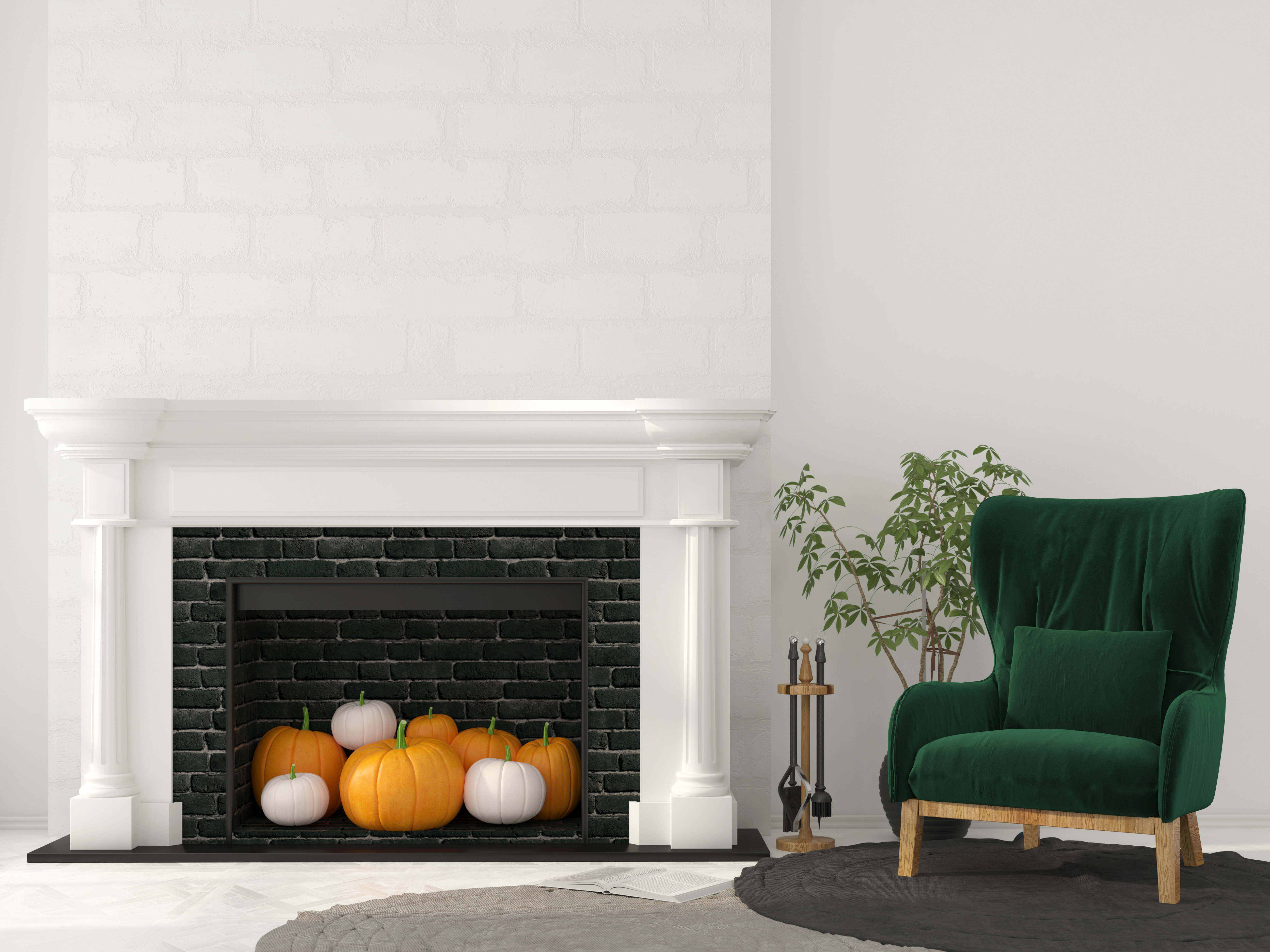 Interior decoration for Halloween. Classic fireplace with pumpkins inside and green armchair