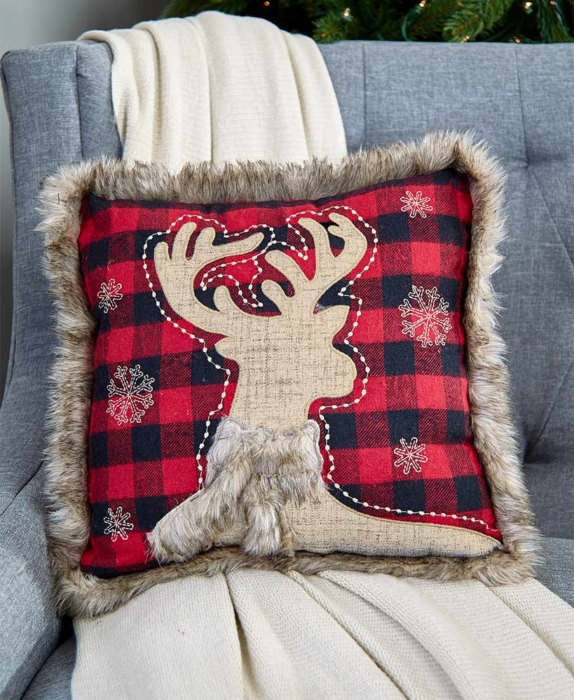 Reindeer faux fur plaid pillow