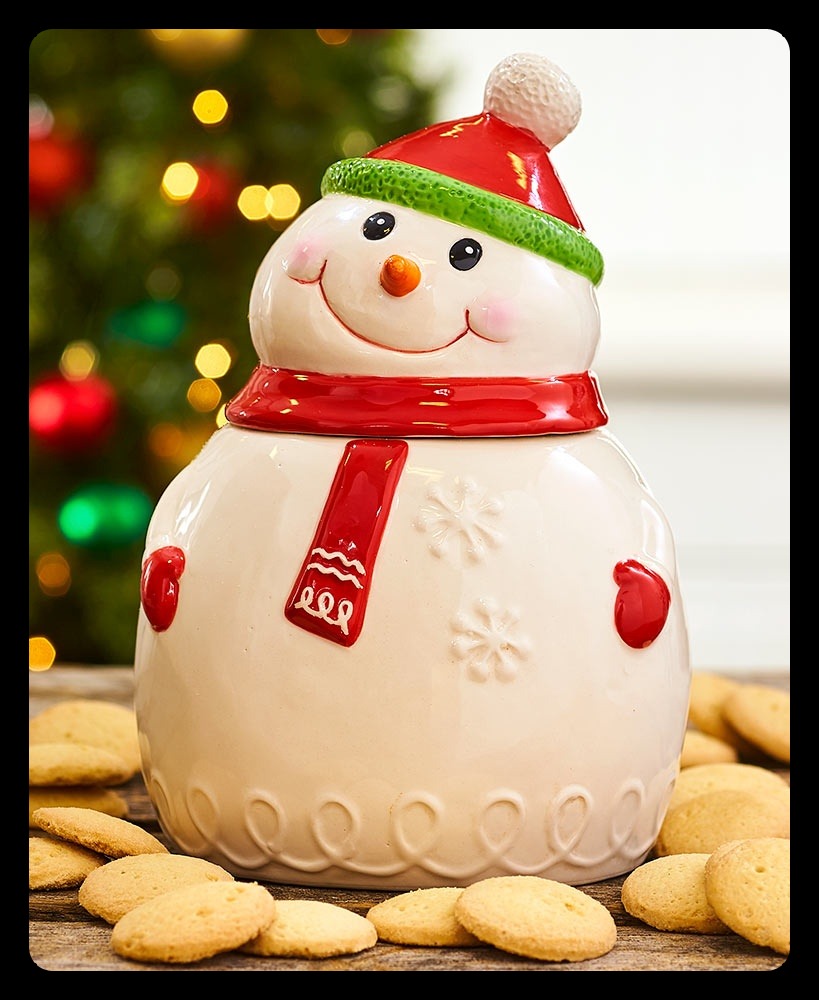 Snowman Decorations - Snowman Ceramic Cookie Jar With Cookies