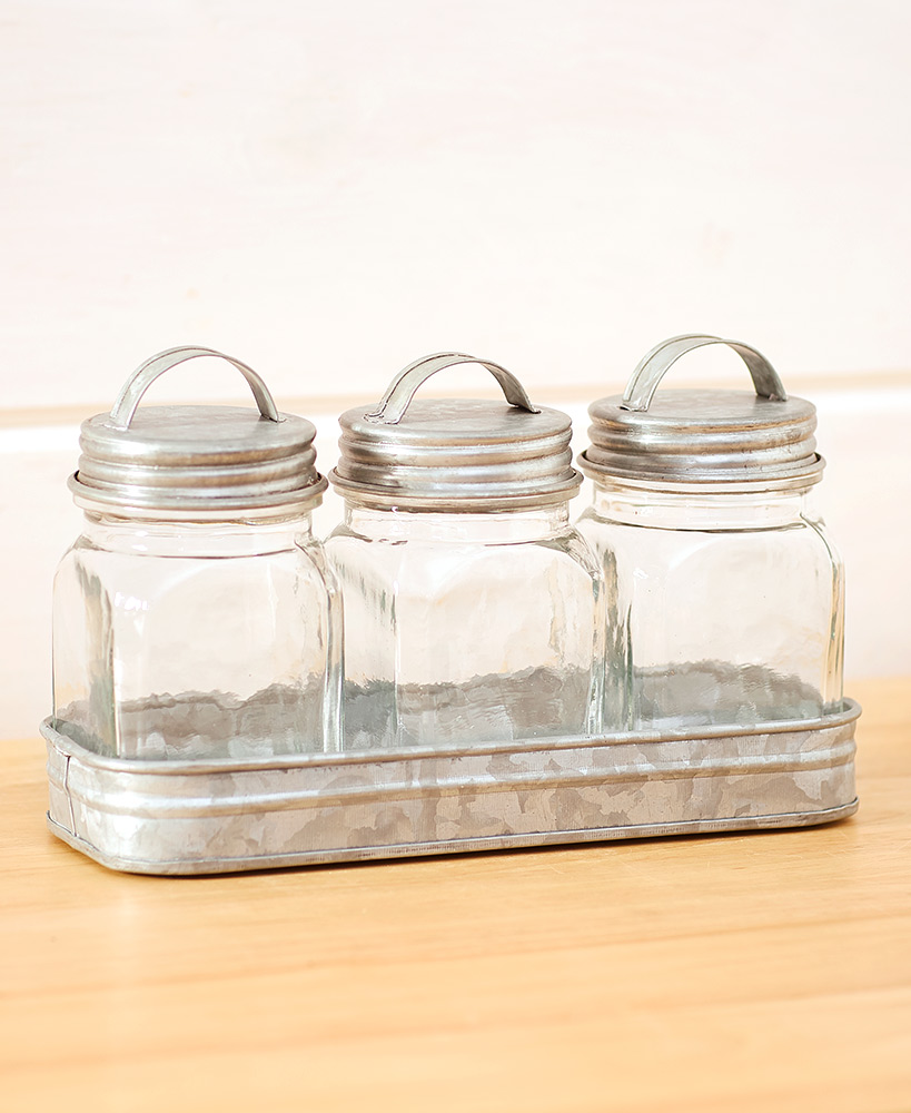Set of 3 Glass Canisters In Galvanized Tray