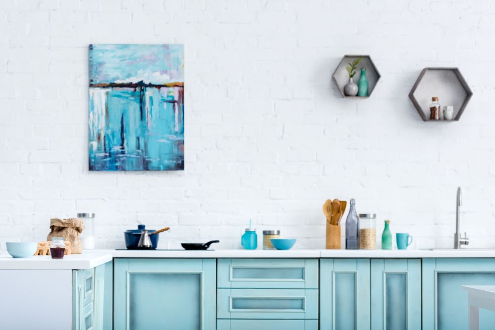 teal painted kitchen island