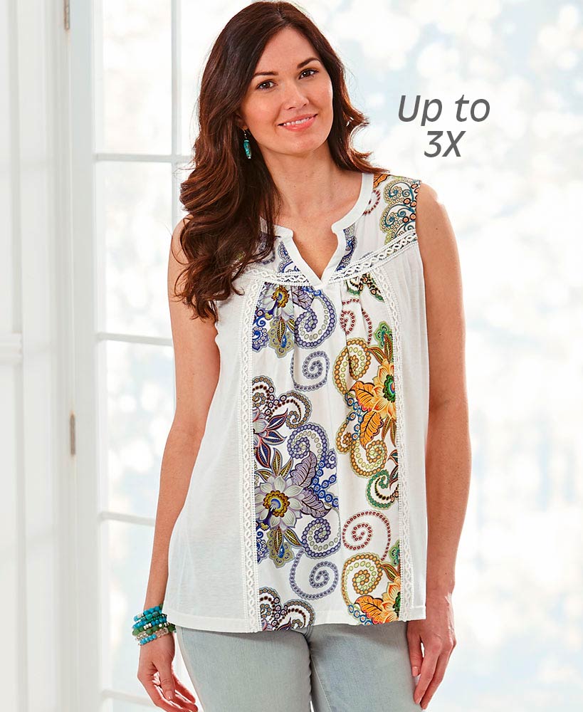 Women's Floral Print Top with Lace Trim