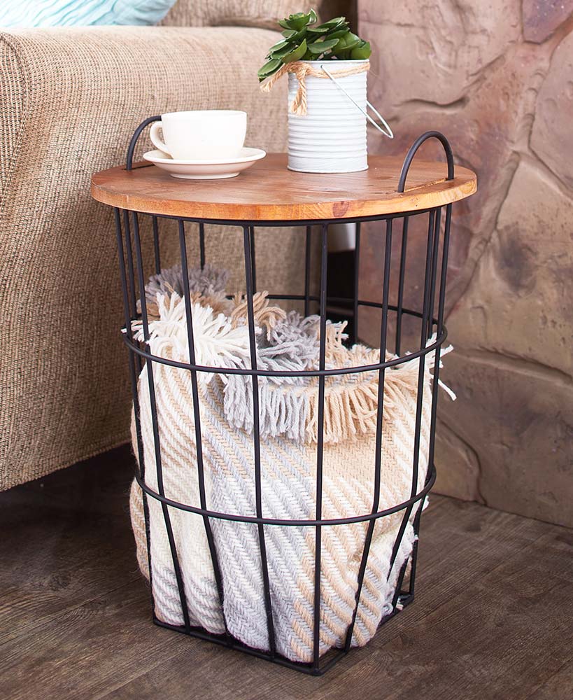 Wood Top Storage Basket Side Table