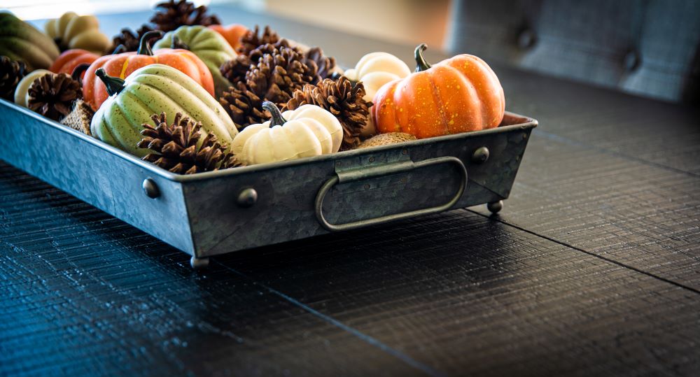 Decorative Fall Tray With Pumpkins & Pine Cones