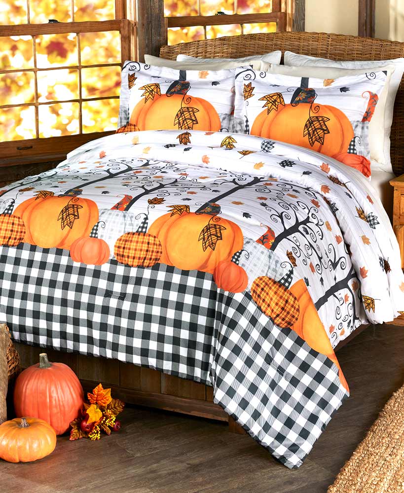 Fall Bed And Bath Decorations - Plaid Pumpkin Comforter or Sham