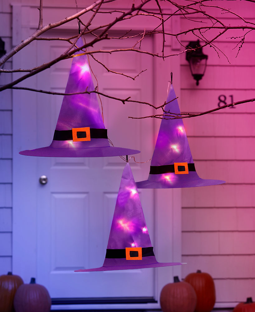 Outdoor Halloween Decorations - Sets of 3 Lighted Witches' Hats