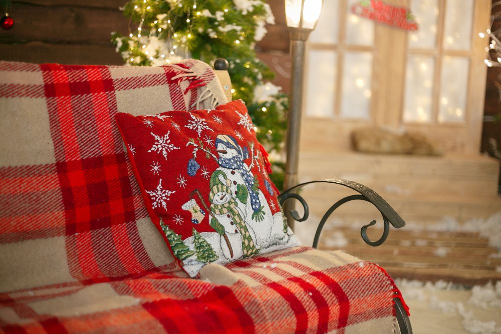 Winter Snowman Pillow And Red Plaid Blanket