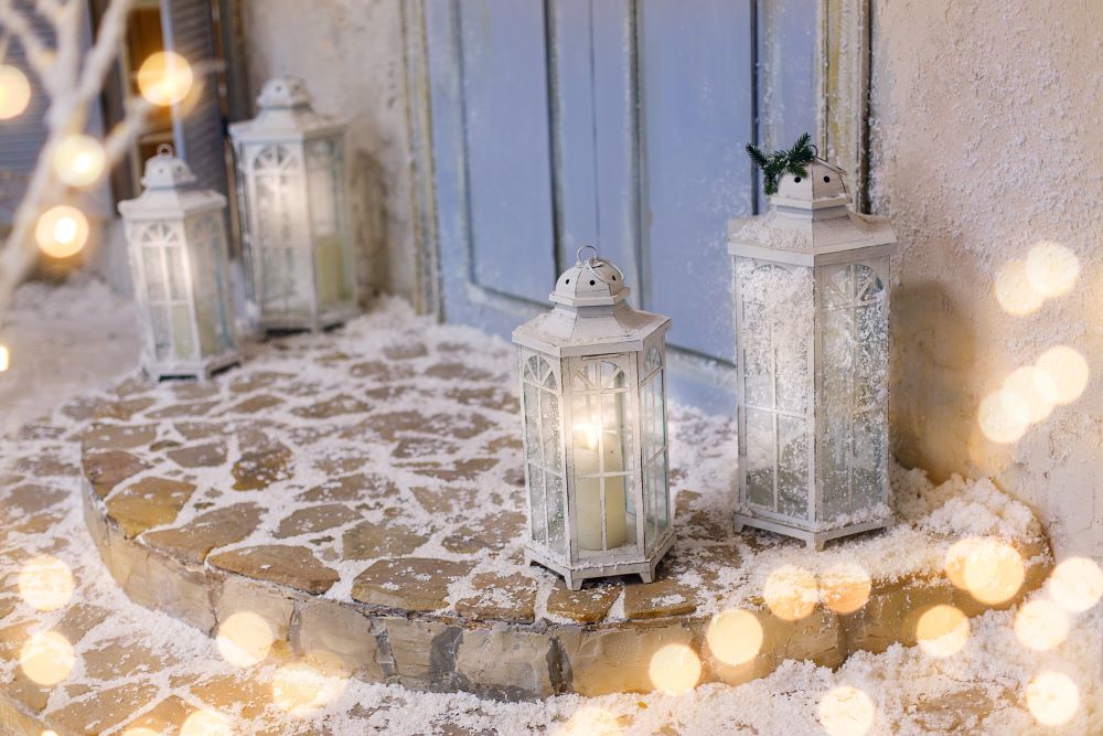Winter Lanterns On Front Porch