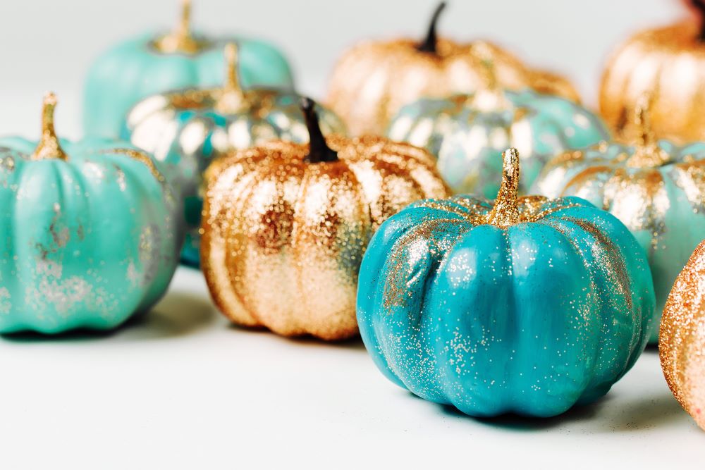 Mini Gold And Teal Glitter Pumpkins