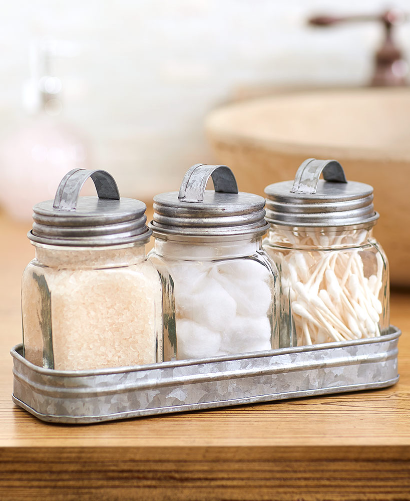 Set of 3 Glass Canisters in Galvanized Tray