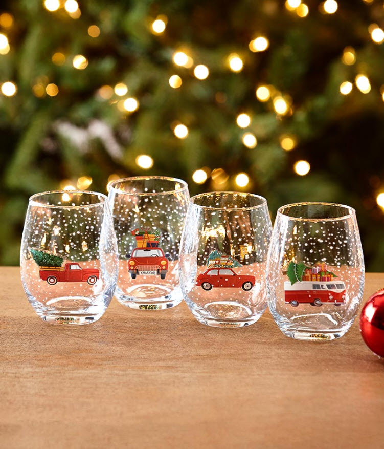 Set Of 4 Holiday Stemless Wine Glasses